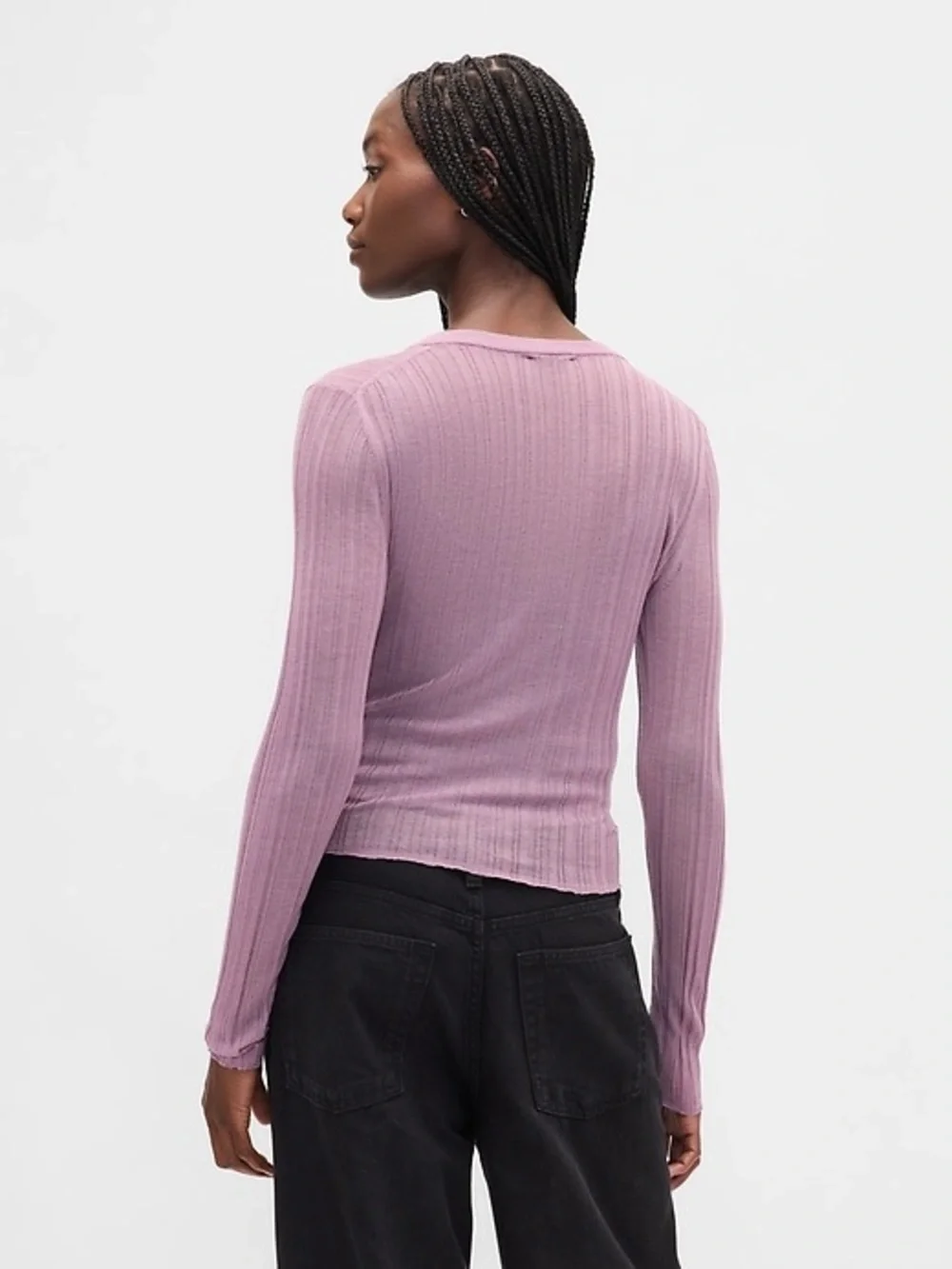 GAP Ribbed Henley Long Sleeve Top in amethyst purple sheer